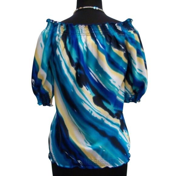 Cache Blue Black Tan Peasant BOHO Chic Art Stripe Top Wear Off Shoulder NWT $108 - Picture 3 of 4